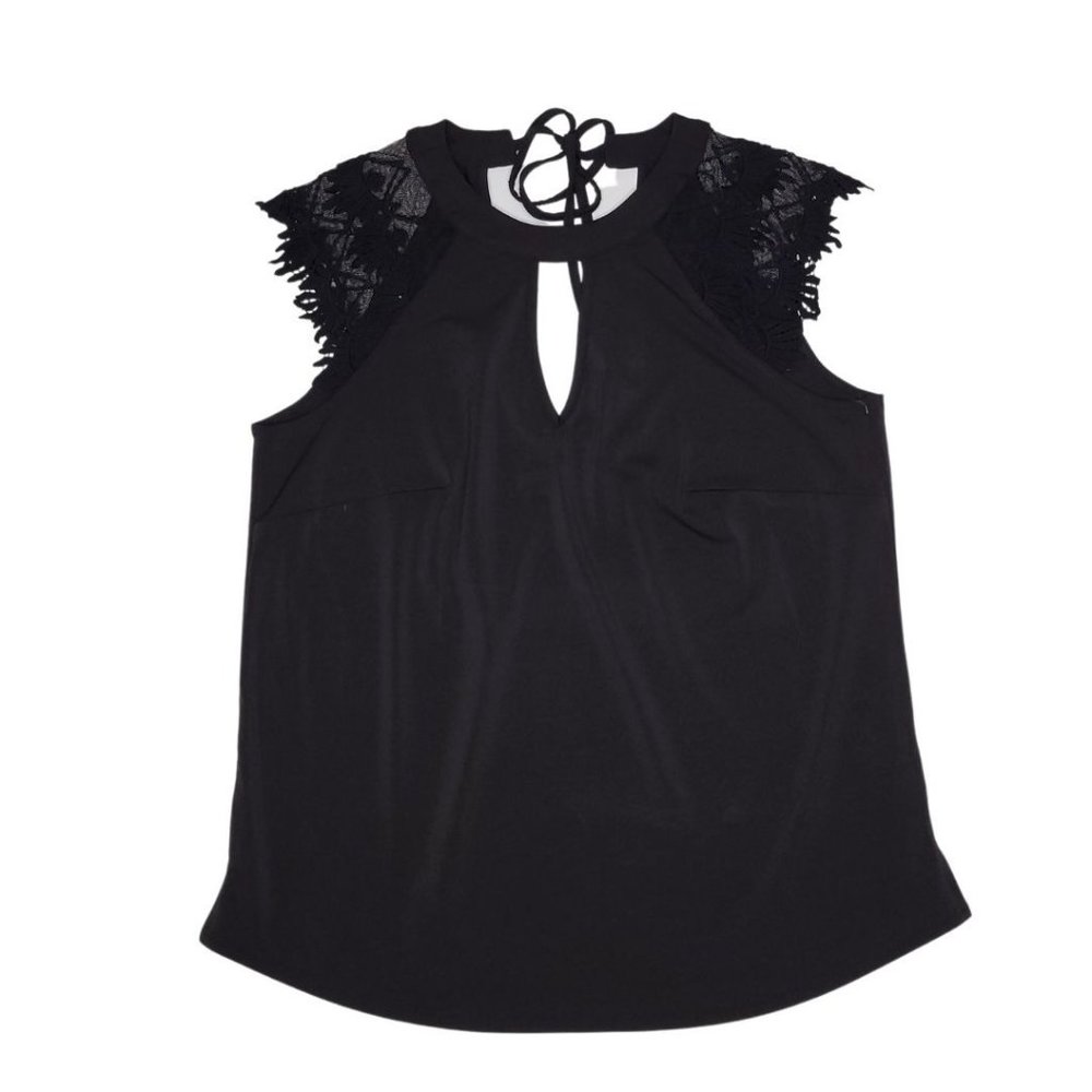 BLACK SOLID GUIPURE LACE SLEEVES TOP